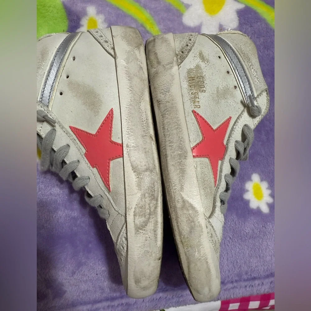 Golden Goose Red and Gray Distressed High-Top Sneakers - Picture 1 of 8